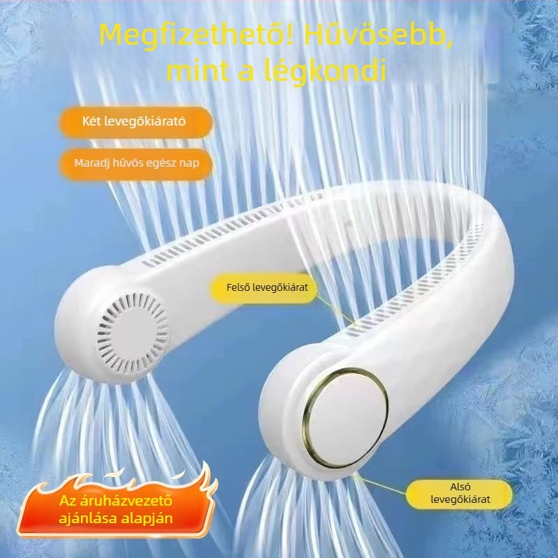 Nyakba akasztható lapát nélküli ventilátor USB töltéssel, 4 sebességfokozat, beépített 1200–2000 mAh akkumulátor, brushless motor