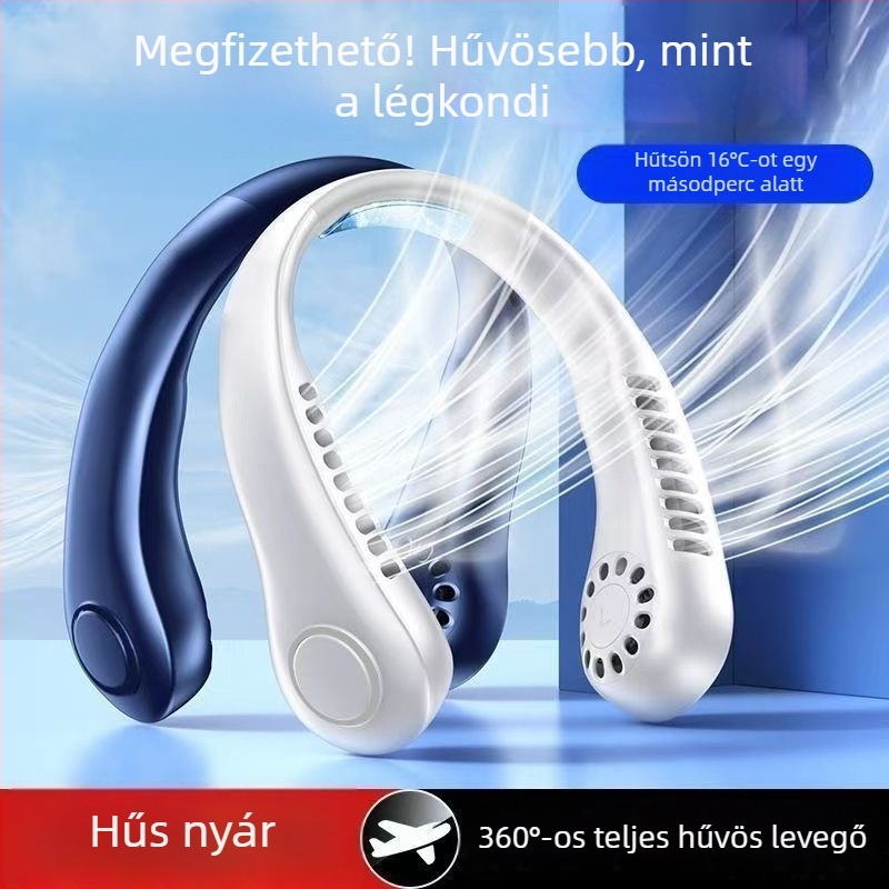 Nyakba akasztható lapát nélküli ventilátor USB töltéssel, 4 sebességfokozat, beépített 1200–2000 mAh akkumulátor, brushless motor