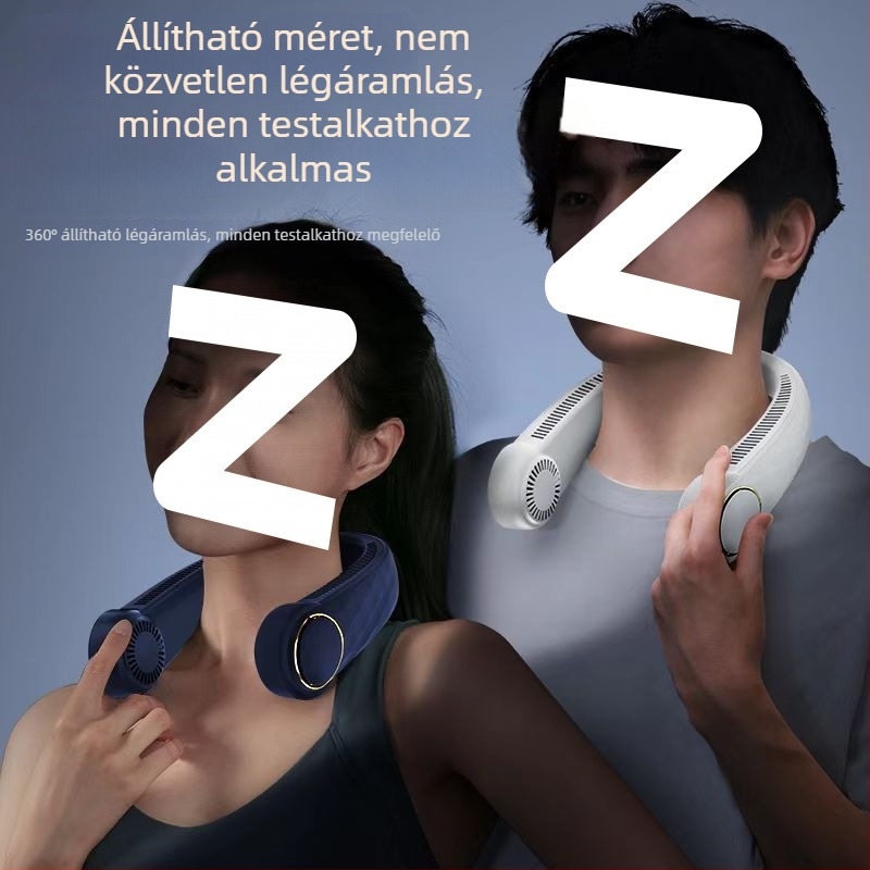 Nyakba akasztható lapát nélküli ventilátor USB töltéssel, 4 sebességfokozat, beépített 1200–2000 mAh akkumulátor, brushless motor
