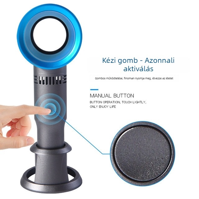 Lapát nélküli kézi ventilátor, USB töltés, beépített 1200-2000 mAh akkumulátor, 3 fokozat, zaj 45-50 dB