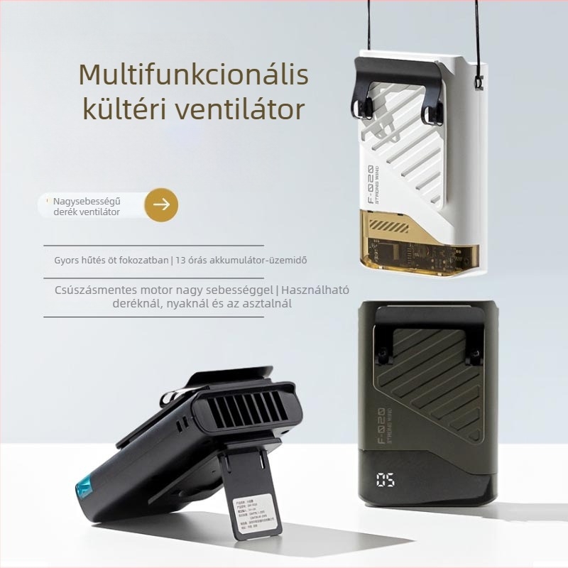 Nyak- és derékra viselhető lapát nélküli turbina ventilátor, 3 sebesség, cserélhető 300–500 mAh akkumulátor, 3–6 órás üzemidő, alacsony zaj