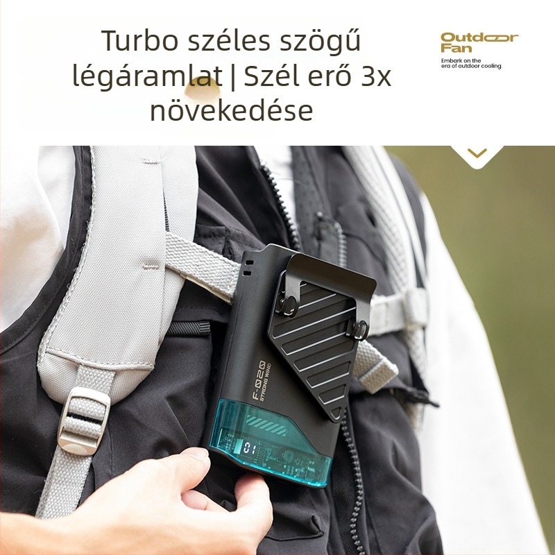 Nyak- és derékra viselhető lapát nélküli turbina ventilátor, 3 sebesség, cserélhető 300–500 mAh akkumulátor, 3–6 órás üzemidő, alacsony zaj