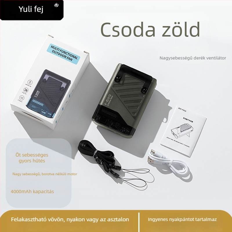 Nyak- és derékra viselhető lapát nélküli turbina ventilátor, 3 sebesség, cserélhető 300–500 mAh akkumulátor, 3–6 órás üzemidő, alacsony zaj
