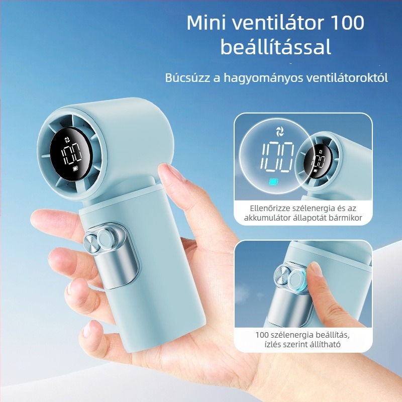 Kézi USB-ról tölthető lapát nélküli ventilátor digitális kijelzővel, nagy teljesítményű turbina, beépített 2000–4000mAh akkumulátor