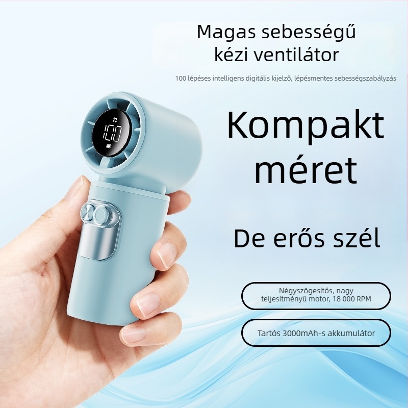 Kézi USB-ról tölthető lapát nélküli ventilátor digitális kijelzővel, nagy teljesítményű turbina, beépített 2000–4000mAh akkumulátor