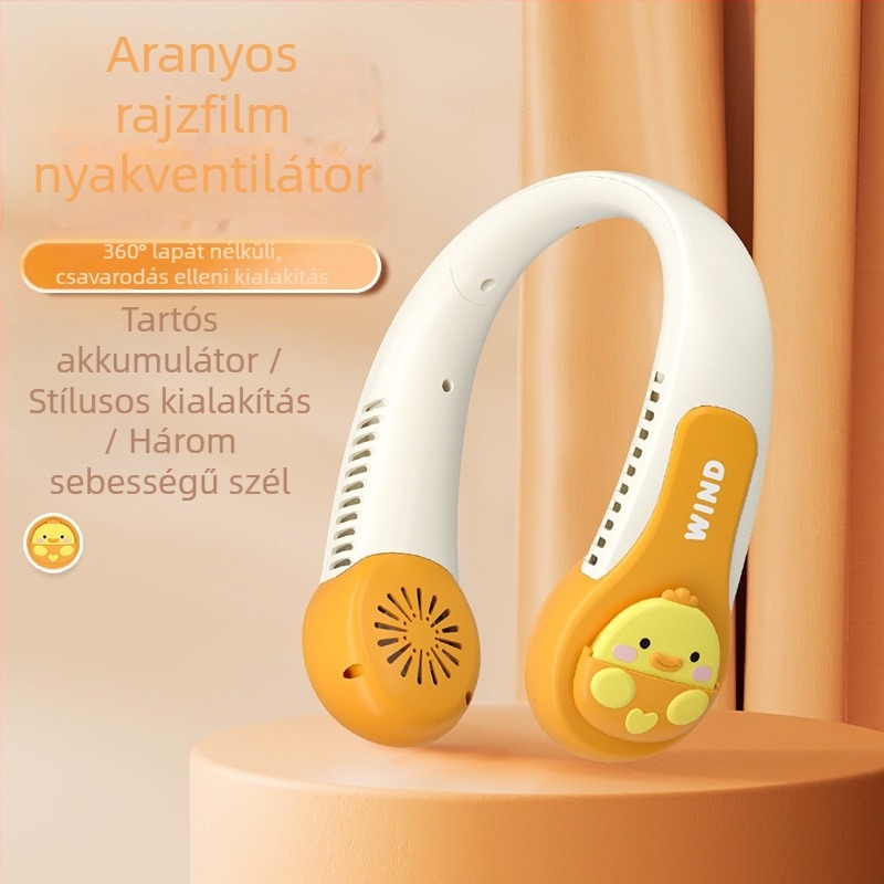 Lapátok nélküli nyakba akasztható ventilátor, USB töltés, 1200–2000 mAh akkumulátor, 3 sebesség, szénkefe nélküli motor, zaj < 36 dB