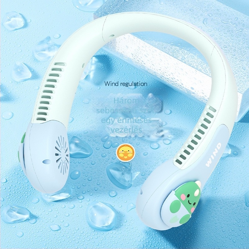 Lapátok nélküli nyakba akasztható ventilátor, USB töltés, 1200–2000 mAh akkumulátor, 3 sebesség, szénkefe nélküli motor, zaj < 36 dB