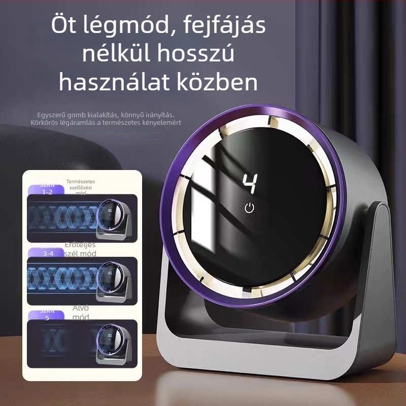 USB-s asztali ventilátor beépített akkumulátorral és digitális kijelzővel, 5 lapátos, 5 sebesség