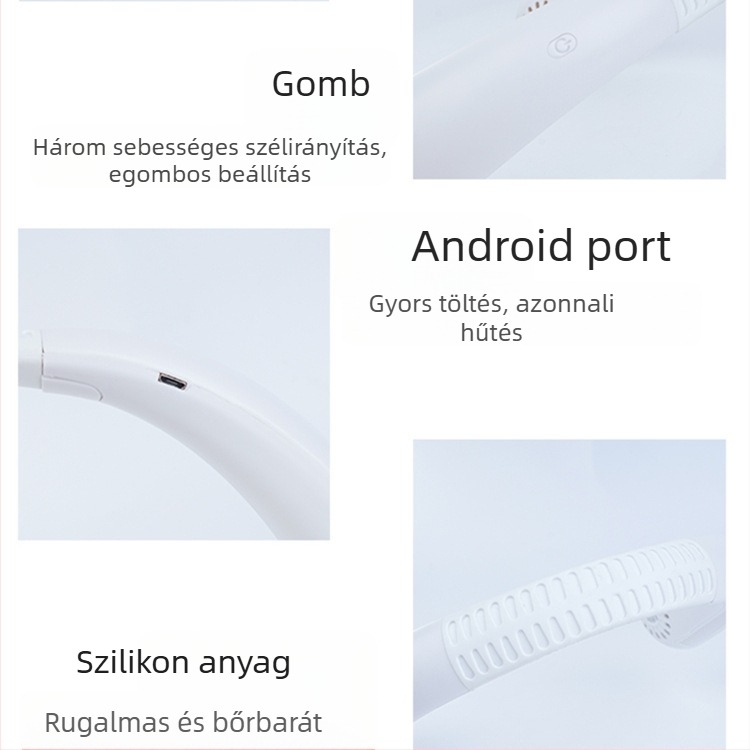 Nyakba akasztható lapátok nélküli USB-s mini ventilátor beépített 1200–2000 mAh akkumulátorral, 3 sebességfokkal
