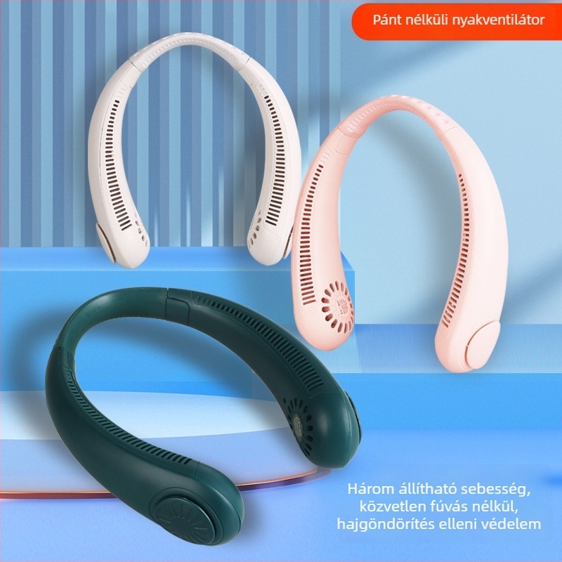 Nyakba akasztható lapátok nélküli USB-s mini ventilátor beépített 1200–2000 mAh akkumulátorral, 3 sebességfokkal