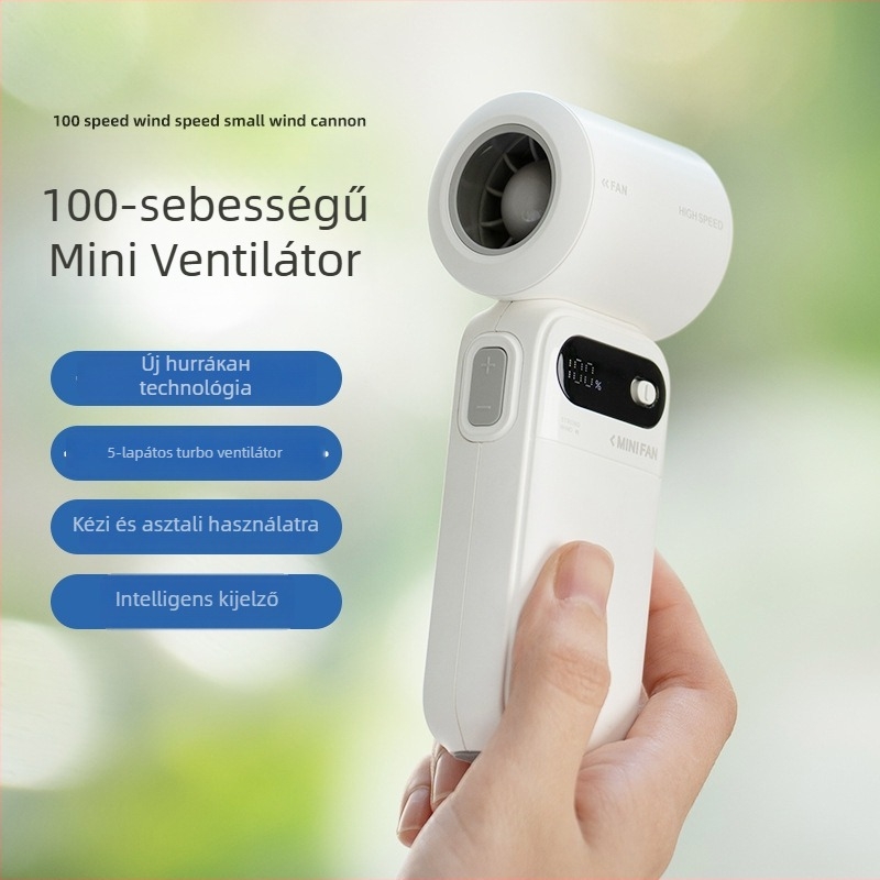 Kézben tartható turbó ventilátor, lapát nélküli kialakítás, USB táplálás, 5V, brushless motor, beépített akkumulátor 2000–4000 mAh