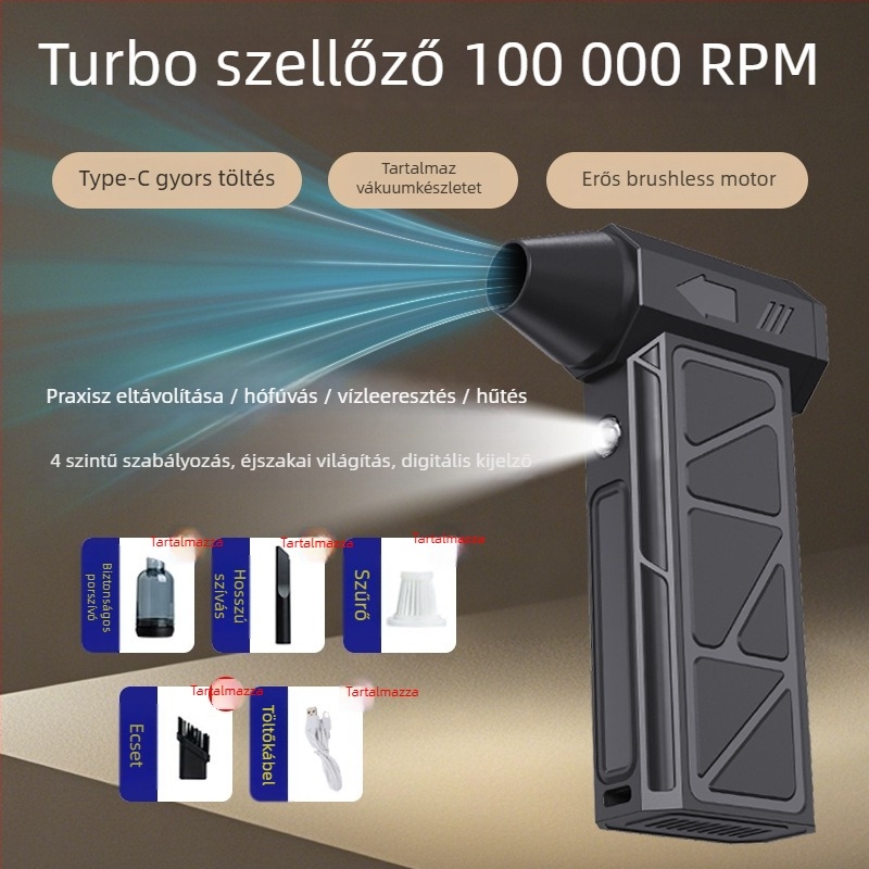 Kézi, vezeték nélküli ventilátor beépített akkumulátorral, 4 üzemmód, 160 W, USB töltés, súly 0.25 kg