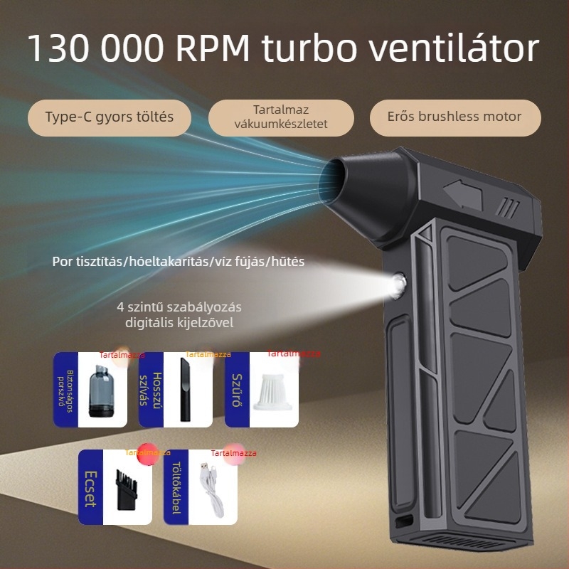 Kézi, vezeték nélküli ventilátor beépített akkumulátorral, 4 üzemmód, 160 W, USB töltés, súly 0.25 kg