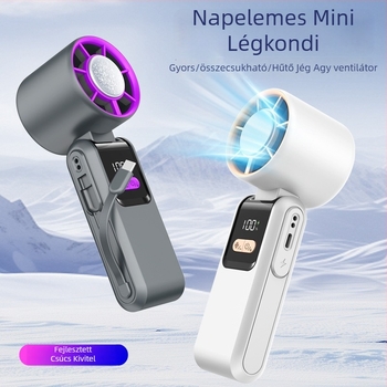 Kézben tartható lapát nélküli ventilátor, USB-töltés, brushless motor, 2000–4000 mAh akkumulátor, zaj < 36 dB