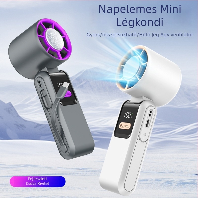 Kézben tartható lapát nélküli ventilátor, USB-töltés, brushless motor, 2000–4000 mAh akkumulátor, zaj < 36 dB