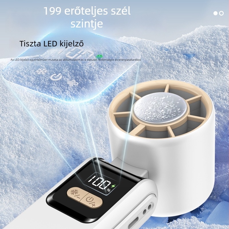 Kézben tartható lapát nélküli ventilátor, USB-töltés, brushless motor, 2000–4000 mAh akkumulátor, zaj < 36 dB