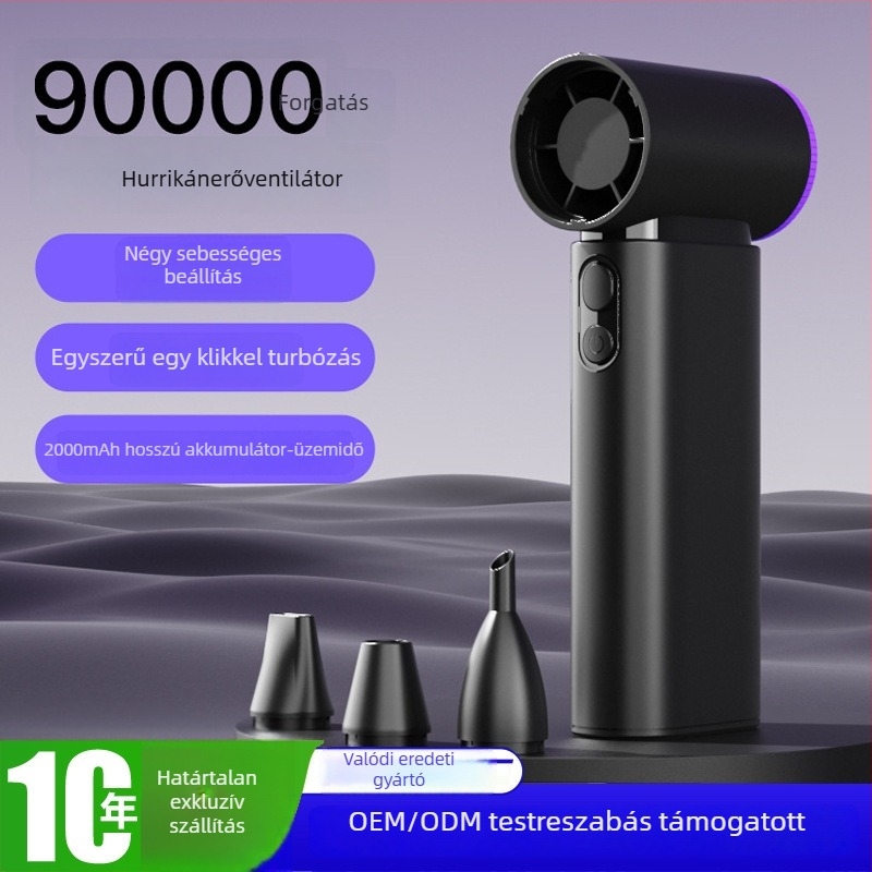 Kézben tartható zsebventilátor turbó dizájnnal, brushless motor, beépített 6000 mAh akkumulátor, USB töltés, 4 fokozatú sebesség, zaj < 36 dB