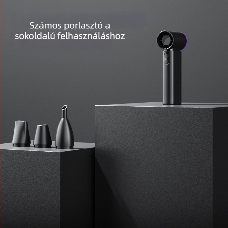 Kézben tartható zsebventilátor turbó dizájnnal, brushless motor, beépített 6000 mAh akkumulátor, USB töltés, 4 fokozatú sebesség, zaj < 36 dB