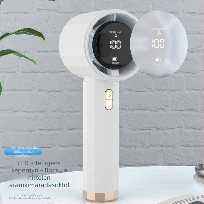 Kézben tartható ventilátor digitális kijelzővel, USB töltéssel, beépített akkumulátorral, kültéri használatra