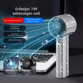 199 sebességű kézi ventilátor gyémántdíszítéses, USB, digitális kijelző, hordozható, hosszú üzemidejű