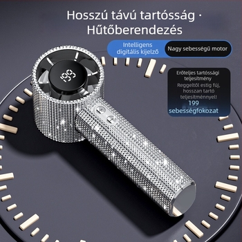 199 sebességű kézi ventilátor gyémántdíszítéses, USB, digitális kijelző, hordozható, hosszú üzemidejű