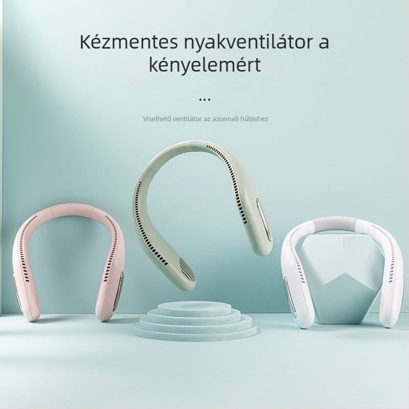 Penge nélküli nyakventilátor USB-töltéssel, beépített 2000–4000 mAh akkumulátor, üzemidő 6–8 óra, zaj < 40 dB
