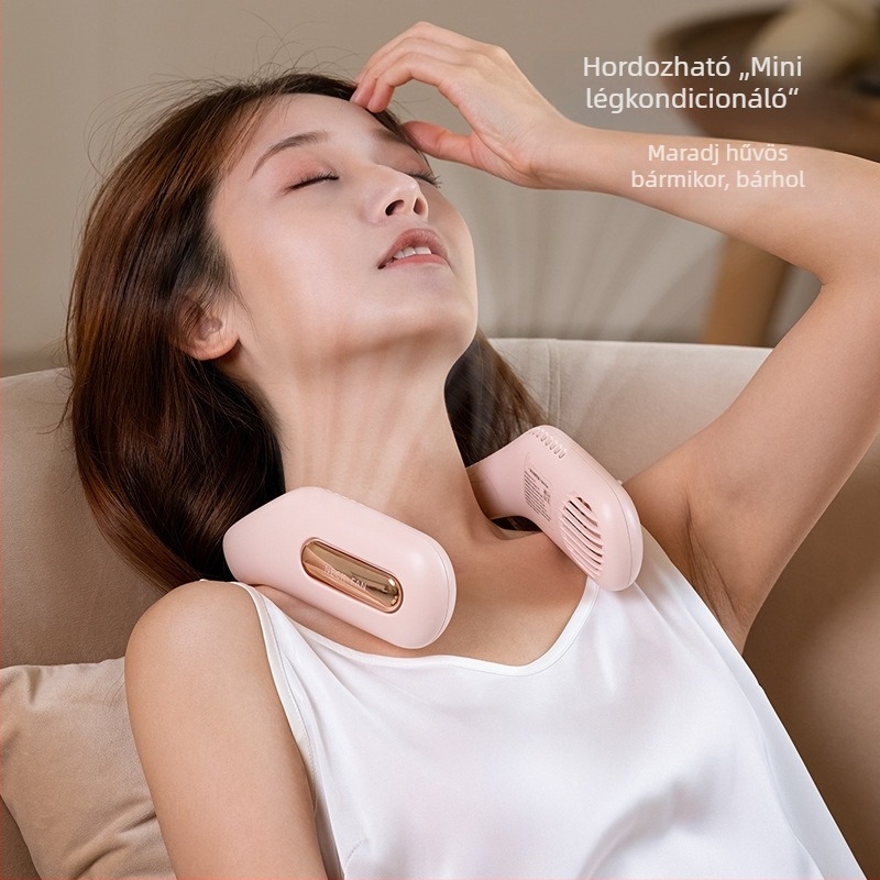 Penge nélküli nyakventilátor USB-töltéssel, beépített 2000–4000 mAh akkumulátor, üzemidő 6–8 óra, zaj < 40 dB