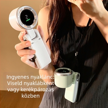 Összecsukható kézi USB ventilátor nyakba akasztható kivitelben, beépített 2000–4000mAh akkumulátor, brushless motor, csendes, 5V/5W, lépcső nélküli sebességszabályozás, oldalirányú oszcilláció
