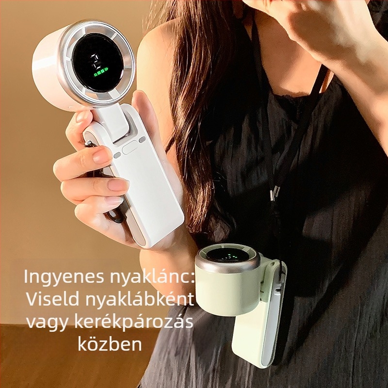 Összecsukható kézi USB ventilátor nyakba akasztható kivitelben, beépített 2000–4000mAh akkumulátor, brushless motor, csendes, 5V/5W, lépcső nélküli sebességszabályozás, oldalirányú oszcilláció