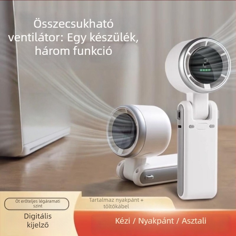 Összecsukható kézi USB ventilátor nyakba akasztható kivitelben, beépített 2000–4000mAh akkumulátor, brushless motor, csendes, 5V/5W, lépcső nélküli sebességszabályozás, oldalirányú oszcilláció