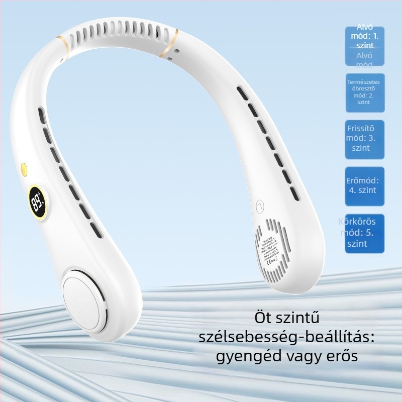 bladeless nyakventilátor, 5 sebességű állítás, beépített 2000–4000 mAh akkumulátor, USB-ről működik, alacsony zaj 36–45 dB