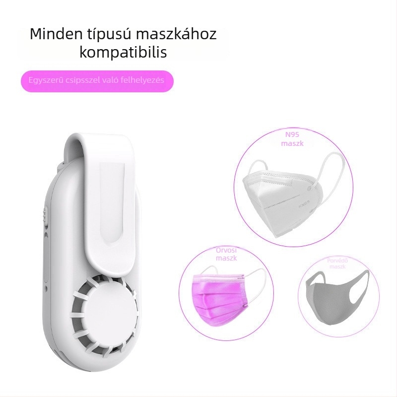 Beépített 300–500 mAh akkumulátorú, USB-s működtetésű bladeless klipszes mini ventilátor, 3 sebesség, 3–6 óra üzemidő, nyakpánt