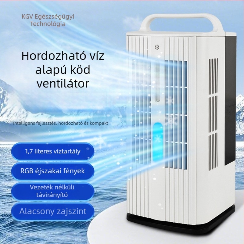 Hordozható jégköd hűtőventilátor, asztali, permetező párásító, AC 240V, 35W, zaj <36 dB, víztartály 1.0–2.5 L