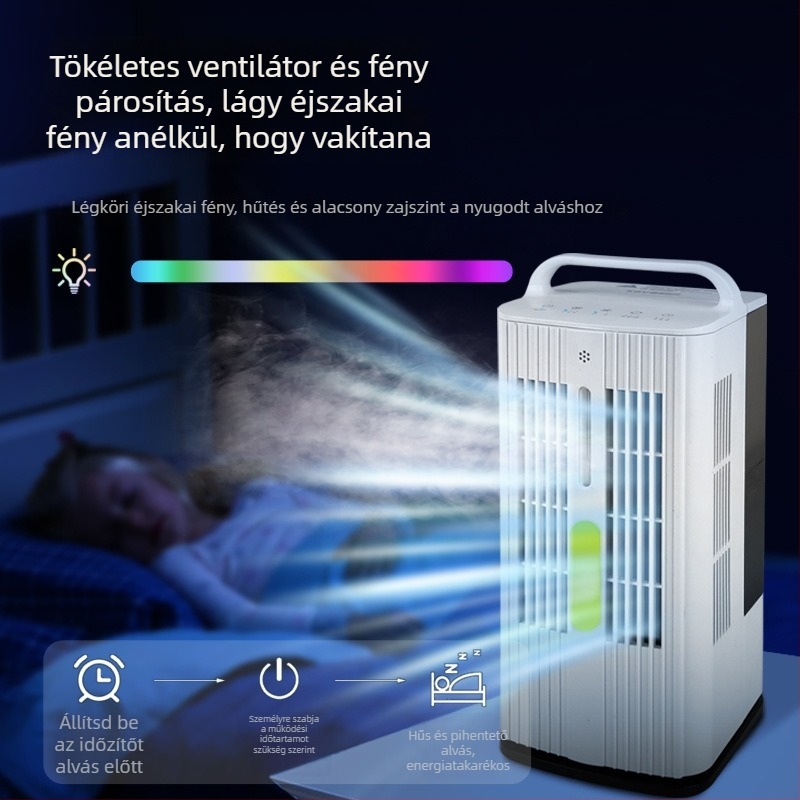 Hordozható jégköd hűtőventilátor, asztali, permetező párásító, AC 240V, 35W, zaj <36 dB, víztartály 1.0–2.5 L