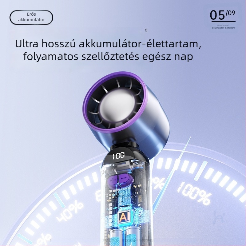 Mini USB lapát nélküli ventilátor, hordozható, beépített akkumulátorral, brushless motorral, 3 sebesség, 1–3 óra üzemidő