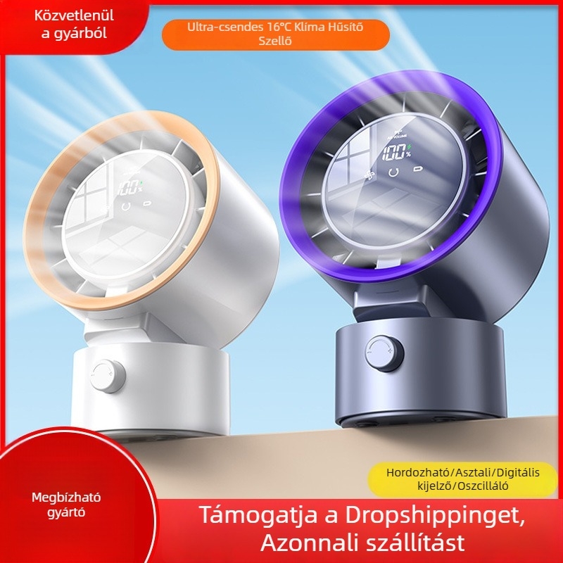 Asztali USB ventilátor digitális kijelzővel és érintéses vezérléssel, turbina dizájn, beépített akkumulátor, 3 sebesség otthonra, irodába, kollégiumba
