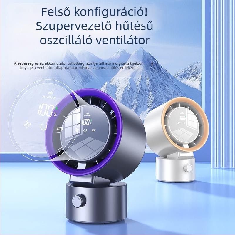 Asztali USB ventilátor digitális kijelzővel és érintéses vezérléssel, turbina dizájn, beépített akkumulátor, 3 sebesség otthonra, irodába, kollégiumba