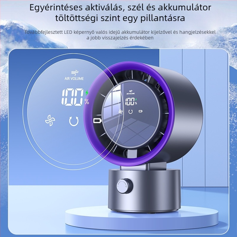 Asztali USB ventilátor digitális kijelzővel és érintéses vezérléssel, turbina dizájn, beépített akkumulátor, 3 sebesség otthonra, irodába, kollégiumba