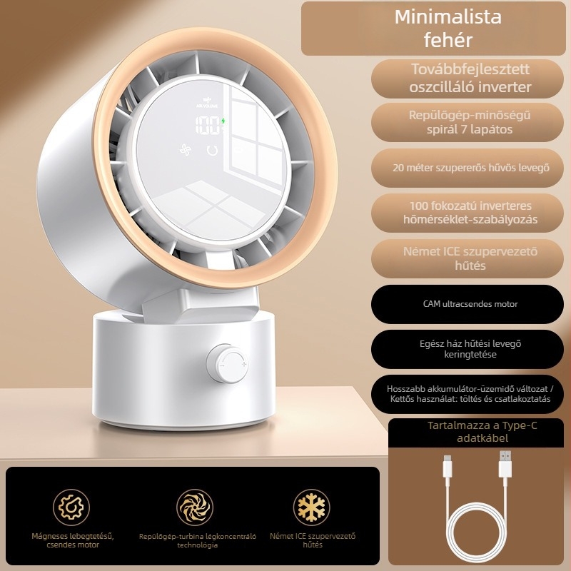 Asztali USB ventilátor digitális kijelzővel és érintéses vezérléssel, turbina dizájn, beépített akkumulátor, 3 sebesség otthonra, irodába, kollégiumba