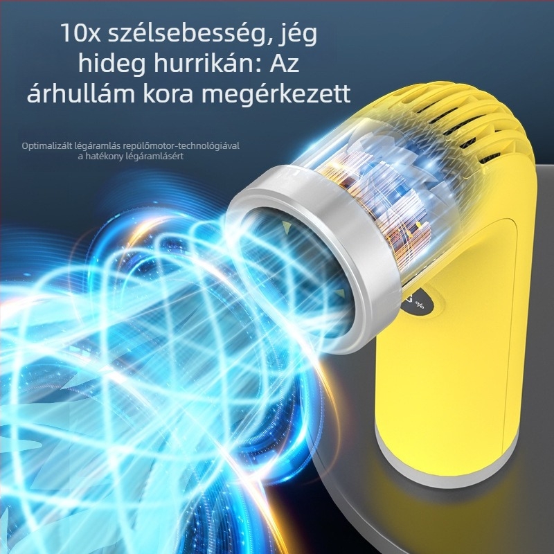 Kézben tartható bladeless ventilátor, beépített akkumulátor 2000–4000 mAh, brushless motor, 5 V, 4.5 W, zaj alatt 36 dB, végtelen sebesség-szabályozás, működés húzással