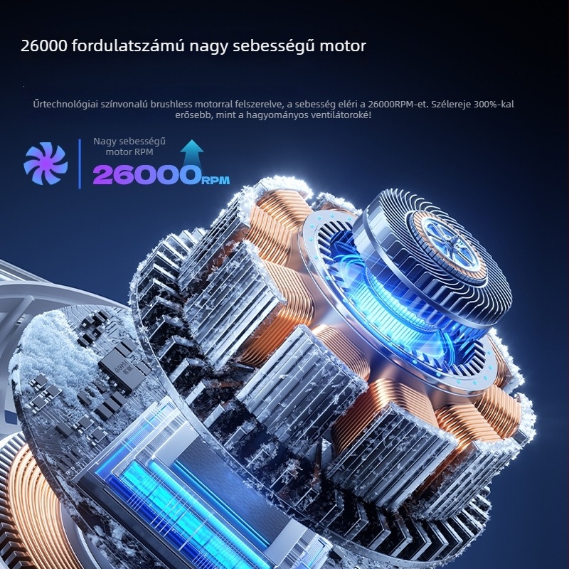 Kézben tartható bladeless ventilátor, beépített akkumulátor 2000–4000 mAh, brushless motor, 5 V, 4.5 W, zaj alatt 36 dB, végtelen sebesség-szabályozás, működés húzással