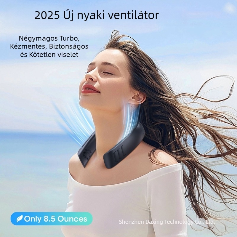 Penge nélküli nyakventilátor, összecsukható, hordozható, digitális kijelzővel, beépített 4000–6000 mAh akkumulátor, 3 sebességfokozat, brushless motor