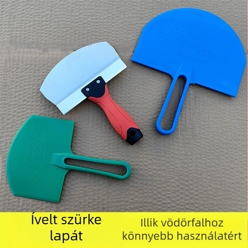 Rozsdamentes acélból készült hajlított glettelő penge műanyag nyéllel, vakoláshoz