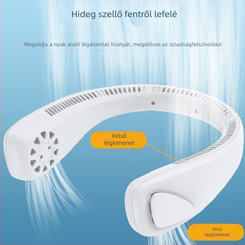 Lapát nélküli nyakventilátor — hordozható, USB-töltés, csendes, 3 sebesség, brushless motor, beépített 1000–1200 mAh akkumulátor