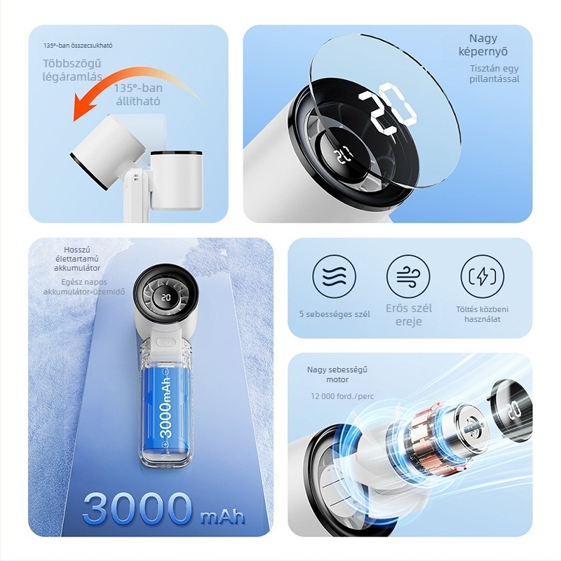 Összecsukható kézi ventilátor USB-töltéssel, mini ventilátor öt fokozatú erőteljes légárammal
