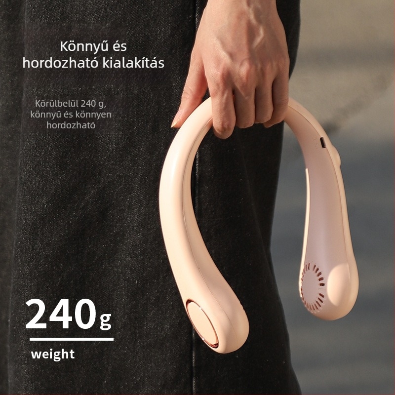 Nyakba akasztható lapát nélküli ventilátor, összecsukható, USB-töltésű, beépített 500–800 mAh akkumulátor, öt sebesség, súly 250 g.