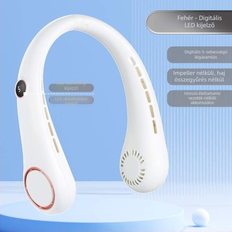 Nyakba akasztható lapát nélküli ventilátor, összecsukható, USB-töltésű, beépített 500–800 mAh akkumulátor, öt sebesség, súly 250 g.
