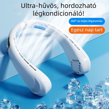 Nyakba akasztható hordozható ventilátor, USB-s üzemeltetés, 5W névleges teljesítmény, 4 sebesség, beépített 500–800 mAh akkumulátor, üzemidő 3–6 óra