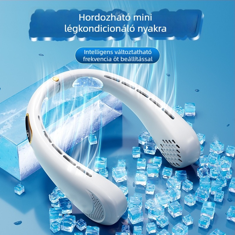 Nyakba akasztható hordozható ventilátor, USB-s üzemeltetés, 5W névleges teljesítmény, 4 sebesség, beépített 500–800 mAh akkumulátor, üzemidő 3–6 óra