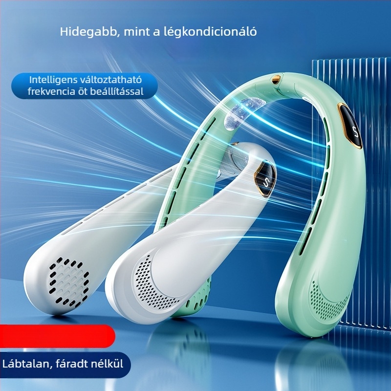 Nyakba akasztható hordozható ventilátor, USB-s üzemeltetés, 5W névleges teljesítmény, 4 sebesség, beépített 500–800 mAh akkumulátor, üzemidő 3–6 óra